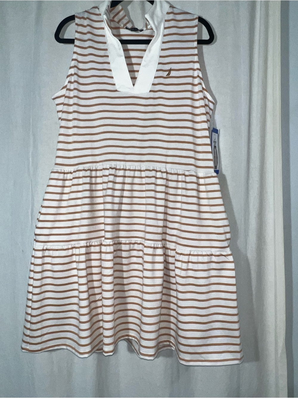 Nautica White & Tan Striped Sleeveless Tiered Dress